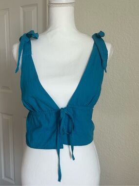 Teal Blue Linen Look Tie Shoulder Crop Top Medium Plunge V Neck Tie Front